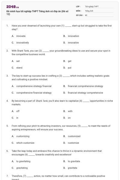 Đề minh họa tốt nghiệp THPT Tiếng Anh có đáp án (Đề số 12)