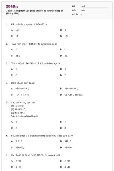7 câu Trắc nghiệm Các phép tính với số hữu tỉ có đáp án (Thông hiểu)