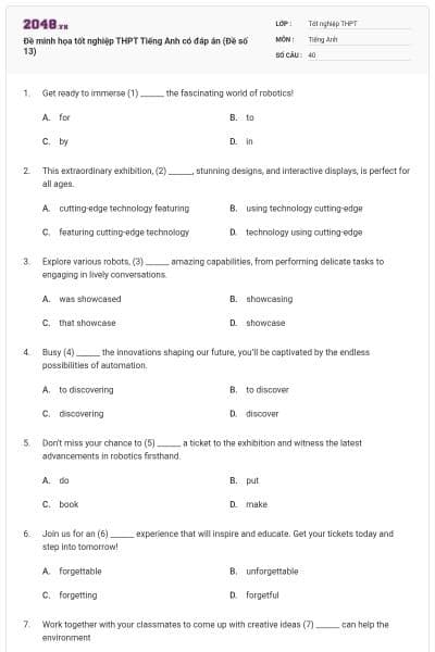Đề minh họa tốt nghiệp THPT Tiếng Anh có đáp án (Đề số 13)