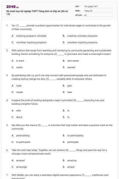 Đề minh họa tốt nghiệp THPT Tiếng Anh có đáp án (Đề số 14)