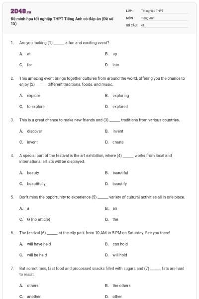 Đề minh họa tốt nghiệp THPT Tiếng Anh có đáp án (Đề số 15)