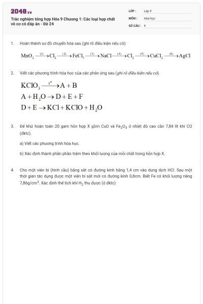 Trắc nghiệm tổng hợp Hóa 9 Chương 1: Các loại hợp chất vô cơ có đáp án - Đề 24