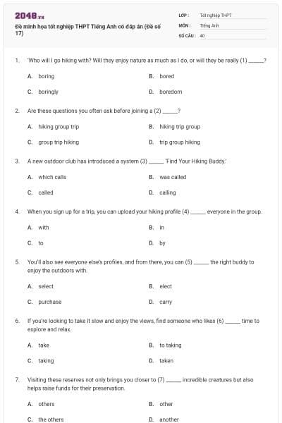 Đề minh họa tốt nghiệp THPT Tiếng Anh có đáp án (Đề số 17)