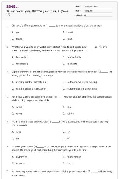 Đề minh họa tốt nghiệp THPT Tiếng Anh có đáp án (Đề số 18)