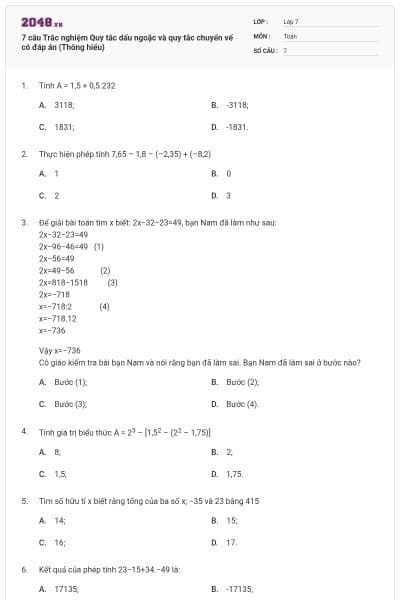 7 câu Trắc nghiệm Quy tắc dấu ngoặc và quy tắc chuyển vế có đáp án (Thông hiểu)