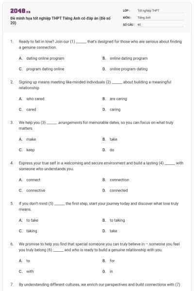 Đề minh họa tốt nghiệp THPT Tiếng Anh có đáp án (Đề số 20)