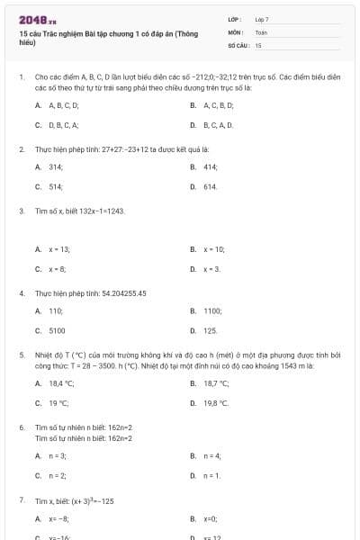 15 câu Trắc nghiệm Bài tập chương 1 có đáp án (Thông hiểu)