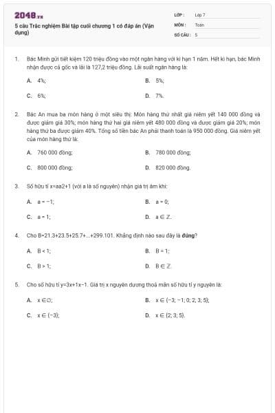5 câu Trắc nghiệm Bài tập cuối chương 1 có đáp án (Vận dụng)