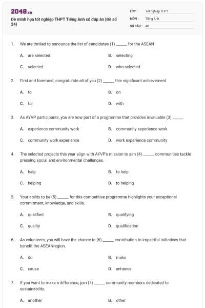 Đề minh họa tốt nghiệp THPT Tiếng Anh có đáp án (Đề số 24)