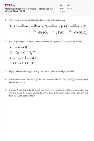 Trắc nghiệm tổng hợp Hóa 9 Chương 1: Các loại hợp chất vô cơ có đáp án - Đề 25