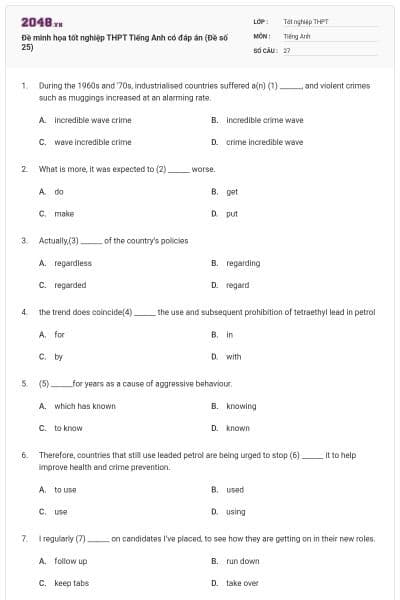 Đề minh họa tốt nghiệp THPT Tiếng Anh có đáp án (Đề số 25)