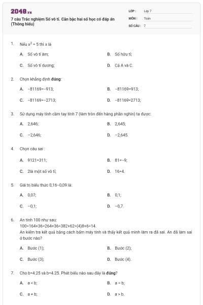 7 câu Trắc nghiệm Số vô tỉ. Căn bậc hai số học có đáp án (Thông hiểu)