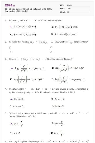 234 bài trắc nghiệm Hàm số mũ và Logarit từ đề thi Đại học cực hay có lời giải (P3)