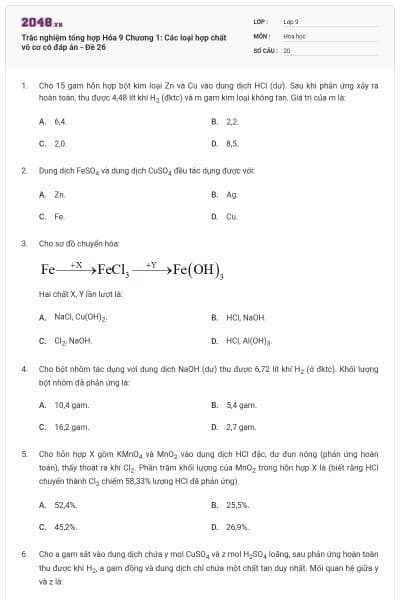 Trắc nghiệm tổng hợp Hóa 9 Chương 1: Các loại hợp chất vô cơ có đáp án - Đề 26