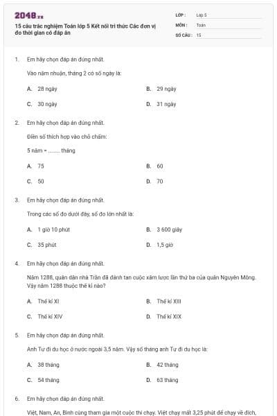 15 câu trắc nghiệm Toán lớp 5 Kết nối tri thức Các đơn vị đo thời gian có đáp án