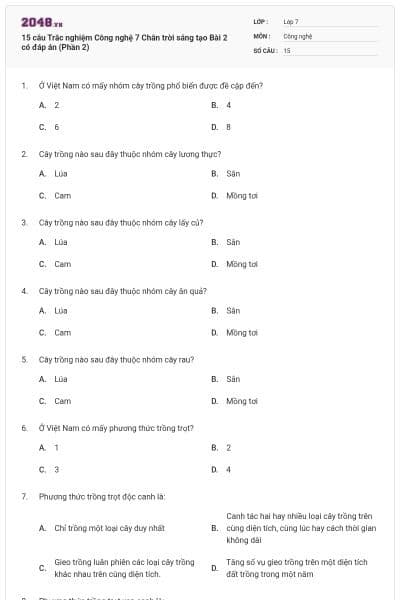 15 câu Trắc nghiệm Công nghệ 7 Chân trời sáng tạo Bài 2 có đáp án (Phần 2)