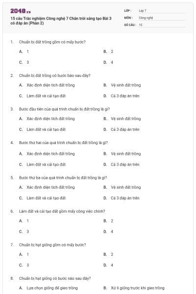 15 câu Trắc nghiệm Công nghệ 7 Chân trời sáng tạo Bài 3 có đáp án (Phần 2)