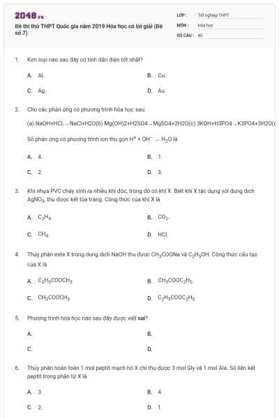 Đề thi thử THPT Quốc gia năm 2019 Hóa học có lời giải (Đề số 7)