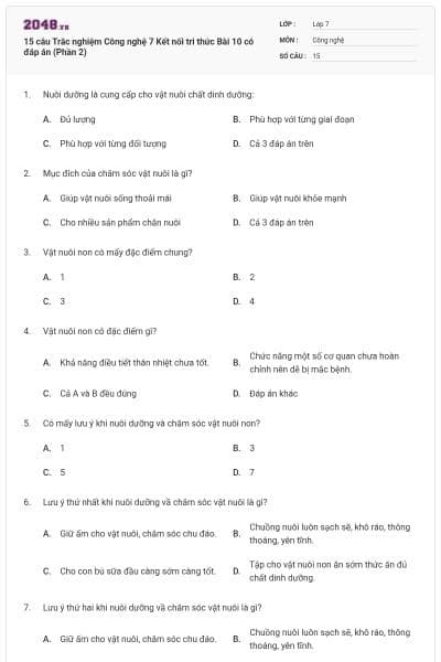 15 câu Trắc nghiệm Công nghệ 7 Kết nối tri thức Bài 10 có đáp án (Phần 2)