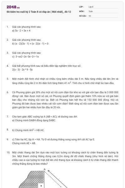 Đề kiểm tra cuối kỳ 2 Toán 8 có đáp án ( Mới nhất)_ đề 12