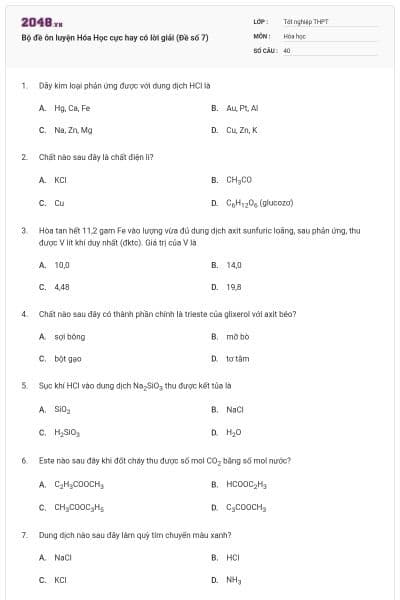 Bộ đề ôn luyện Hóa Học cực hay có lời giải (Đề số 7)