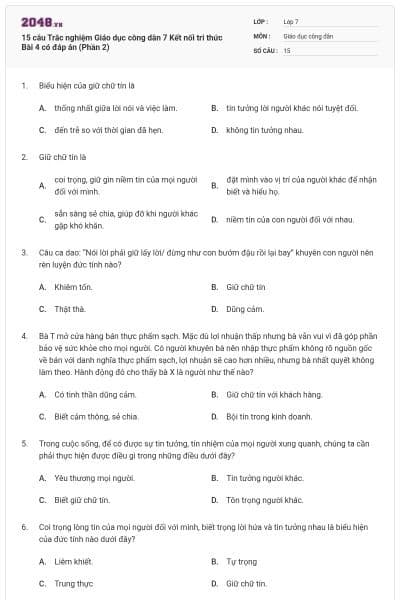 15 câu Trắc nghiệm Giáo dục công dân 7 Kết nối tri thức Bài 4 có đáp án (Phần 2)