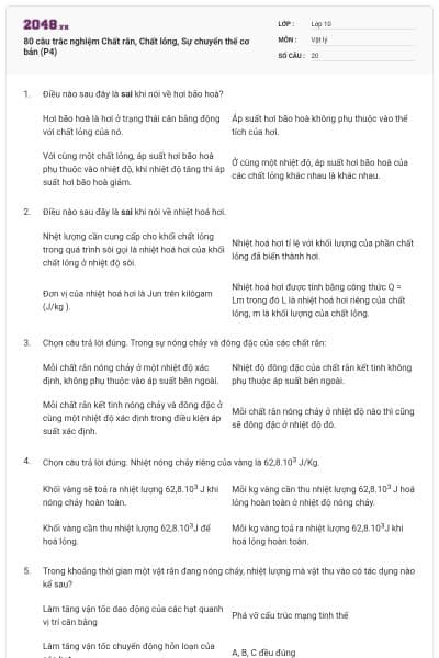 80 câu trắc nghiệm Chất rắn, Chất lỏng, Sự chuyển thể cơ bản (P4)