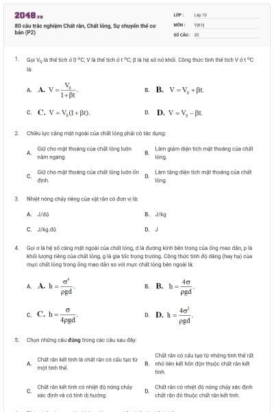 80 câu trắc nghiệm Chất rắn, Chất lỏng, Sự chuyển thể cơ bản (P2)