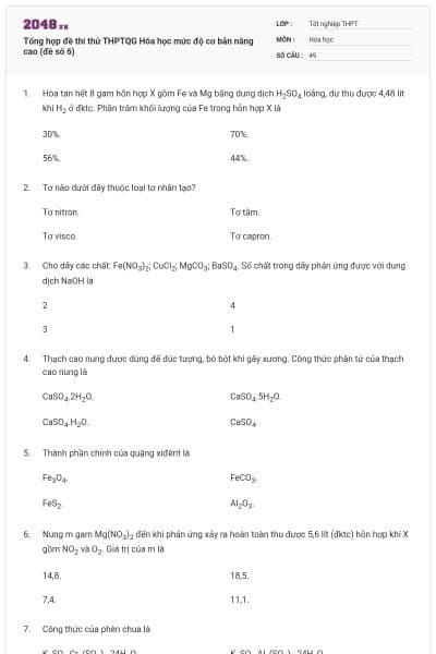 Tổng hợp đề thi thử THPTQG Hóa học mức độ cơ bản nâng cao (đề số 6)