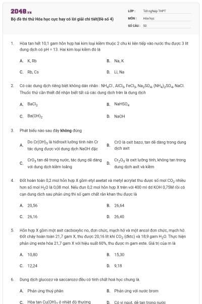 Bộ đề thi thử Hóa học cực hay có lời giải chi tiết(Đề số 4)