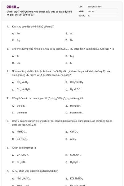 Đề thi thử THPTQG Hóa Học chuẩn cấu trúc bộ giáo dục có lời giải chi tiết (Đề số 23)