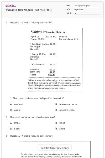 Trắc nghiệm Tiếng Anh Toeic - Part 7 Test (Đề 1)