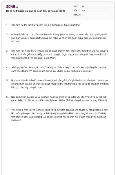 Bộ 10 đề thi giữa kì 2 Văn 12 Cánh diều có đáp án (Đề 1)