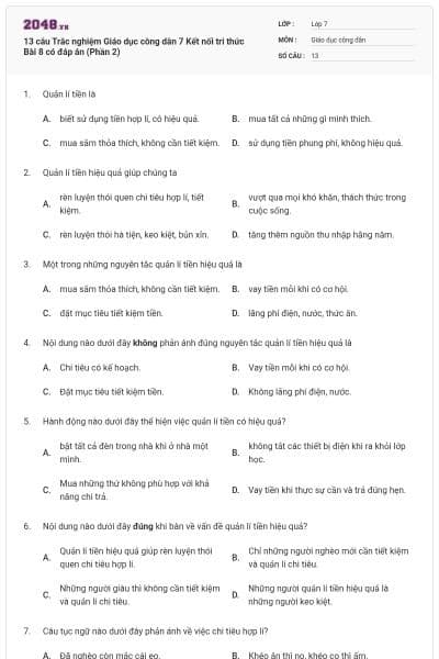 13 câu Trắc nghiệm Giáo dục công dân 7 Kết nối tri thức Bài 8 có đáp án (Phần 2)