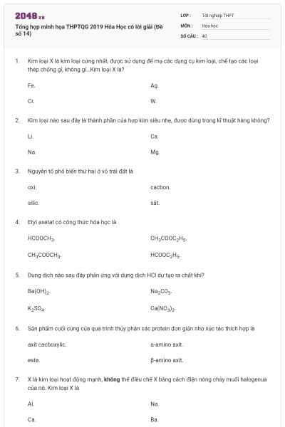 Tổng hợp minh họa THPTQG 2019 Hóa Học có lời giải (Đề số 14)