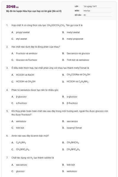 Bộ đề ôn luyện Hóa Học cực hay có lời giải (Đề số 8)