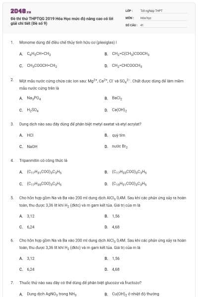 Đề thi thử THPTQG 2019 Hóa Học mức độ nâng cao có lời giải chi tiết (Đề số 9)
