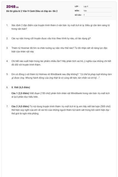 Đề thi giữa kì 2 Văn 9 Cánh Diều có đáp án- Đề 2
