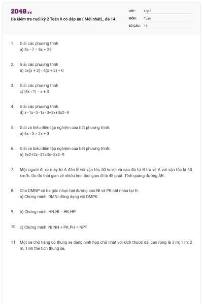 Đề kiểm tra cuối kỳ 2 Toán 8 có đáp án ( Mới nhất)_ đề 14