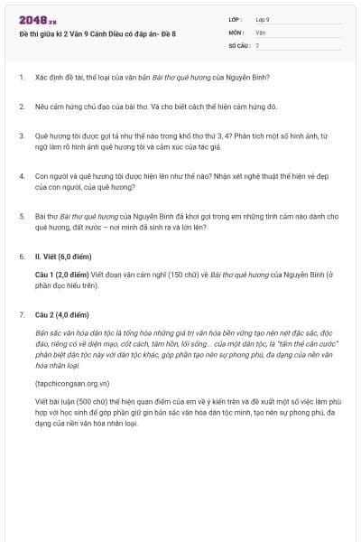Đề thi giữa kì 2 Văn 9 Cánh Diều có đáp án- Đề 8