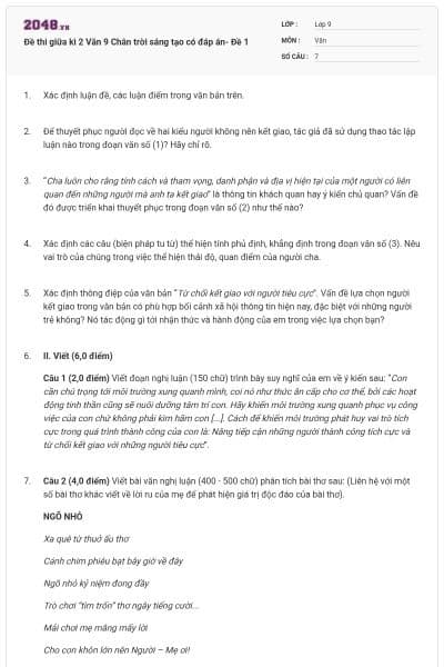 Đề thi giữa kì 2 Văn 9 Chân trời sáng tạo có đáp án- Đề 1