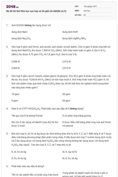 Bộ đề thi thử Hóa học cực hay có lời giải chi tiết(Đề số 5)