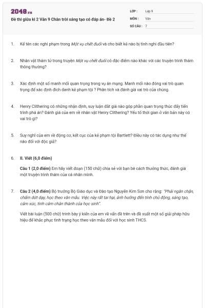 Đề thi giữa kì 2 Văn 9 Chân trời sáng tạo có đáp án- Đề 2