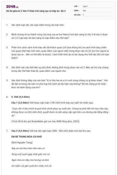 Đề thi giữa kì 2 Văn 9 Chân trời sáng tạo có đáp án- Đề 3