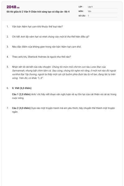 Đề thi giữa kì 2 Văn 9 Chân trời sáng tạo có đáp án- Đề 4