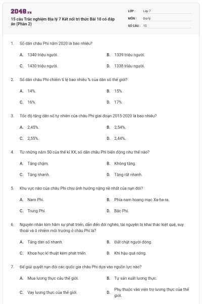 15 câu Trắc nghiệm Địa lý 7 Kết nối tri thức Bài 10 có đáp án (Phần 2)