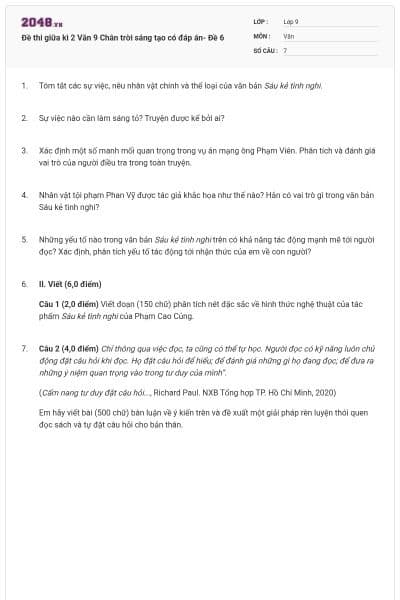 Đề thi giữa kì 2 Văn 9 Chân trời sáng tạo có đáp án- Đề 6