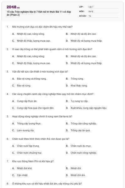 15 câu Trắc nghiệm Địa lý 7 Kết nối tri thức Bài 11 có đáp án (Phần 2)