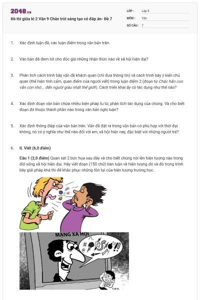 Đề thi giữa kì 2 Văn 9 Chân trời sáng tạo có đáp án- Đề 7