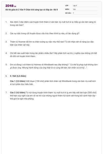Đề thi giữa kì 2 Văn 9 Chân trời sáng tạo có đáp án- Đề 8
